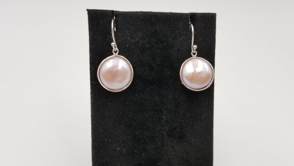 FRESHWATER CULTURE COIN PEARLS NATURAL PEACH COLOR STERLING SILVER DROP EARRINGS