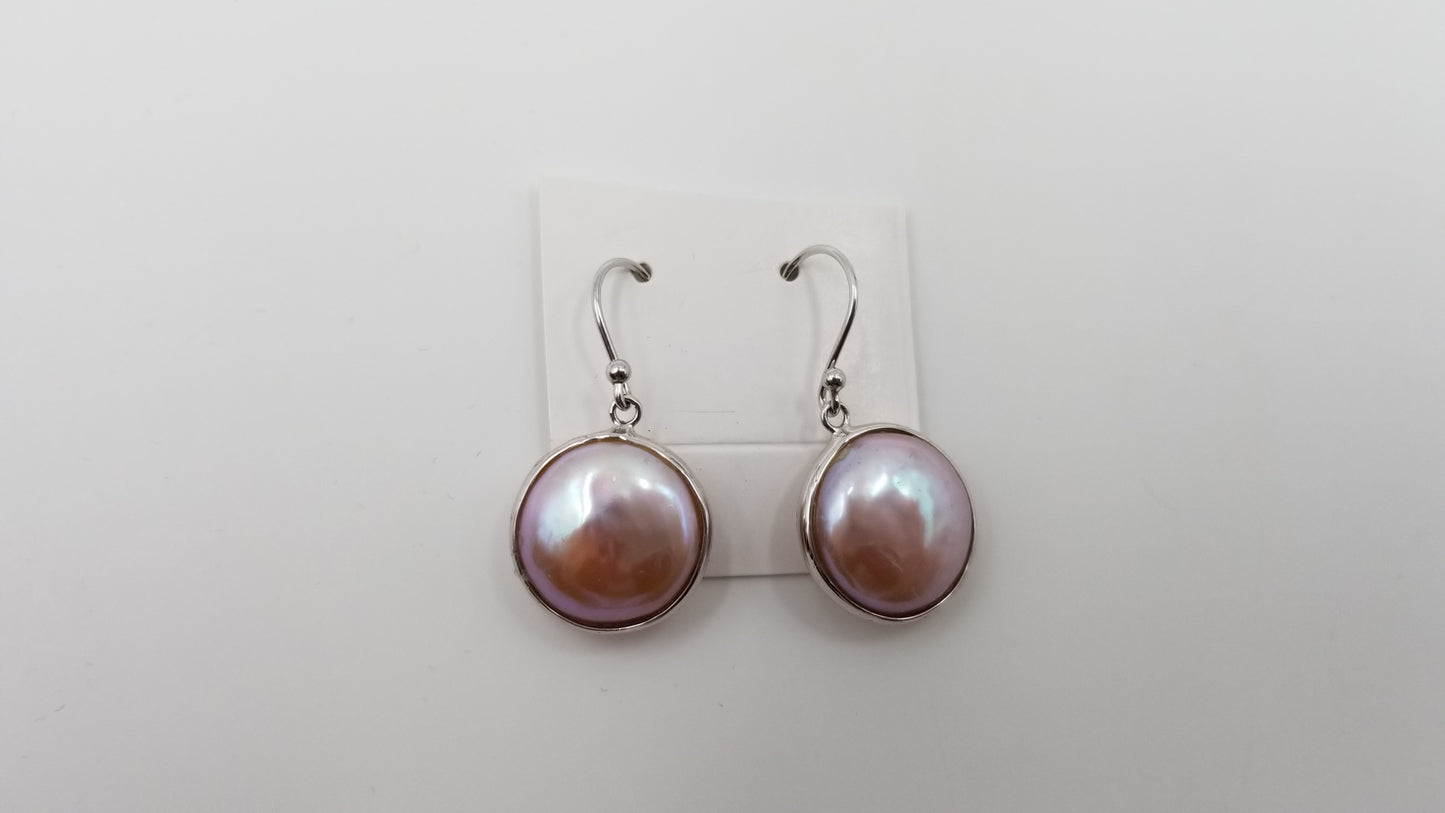 FRESHWATER CULTURE COIN PEARLS NATURAL PEACH COLOR STERLING SILVER DROP EARRINGS