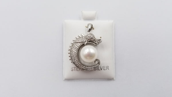 FRESHWATER CULTURE PEARL W/CUBIC ZIRCONIA STERLING SILVER DRAGON PENDANT