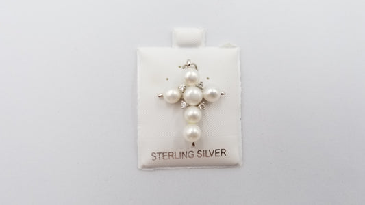FRESHWATER CULTURE POTATO PEARL W/ CZ STERLING SILVER CROSS PENDANT
