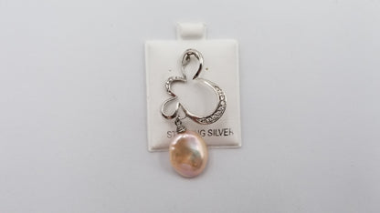 FRESHWATER CULTURE KESHI PEACH COLOR PEARL W/ CZ STERLING SILVER FANCY SLIDE PENDANT