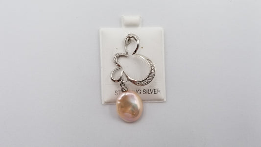 FRESHWATER CULTURE KESHI PEACH COLOR PEARL W/ CZ STERLING SILVER FANCY SLIDE PENDANT
