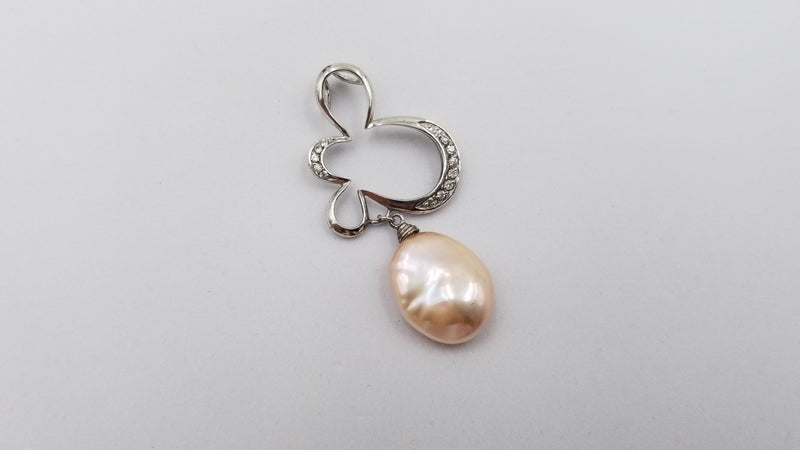 FRESHWATER CULTURE KESHI PEACH COLOR PEARL W/ CZ STERLING SILVER FANCY SLIDE PENDANT