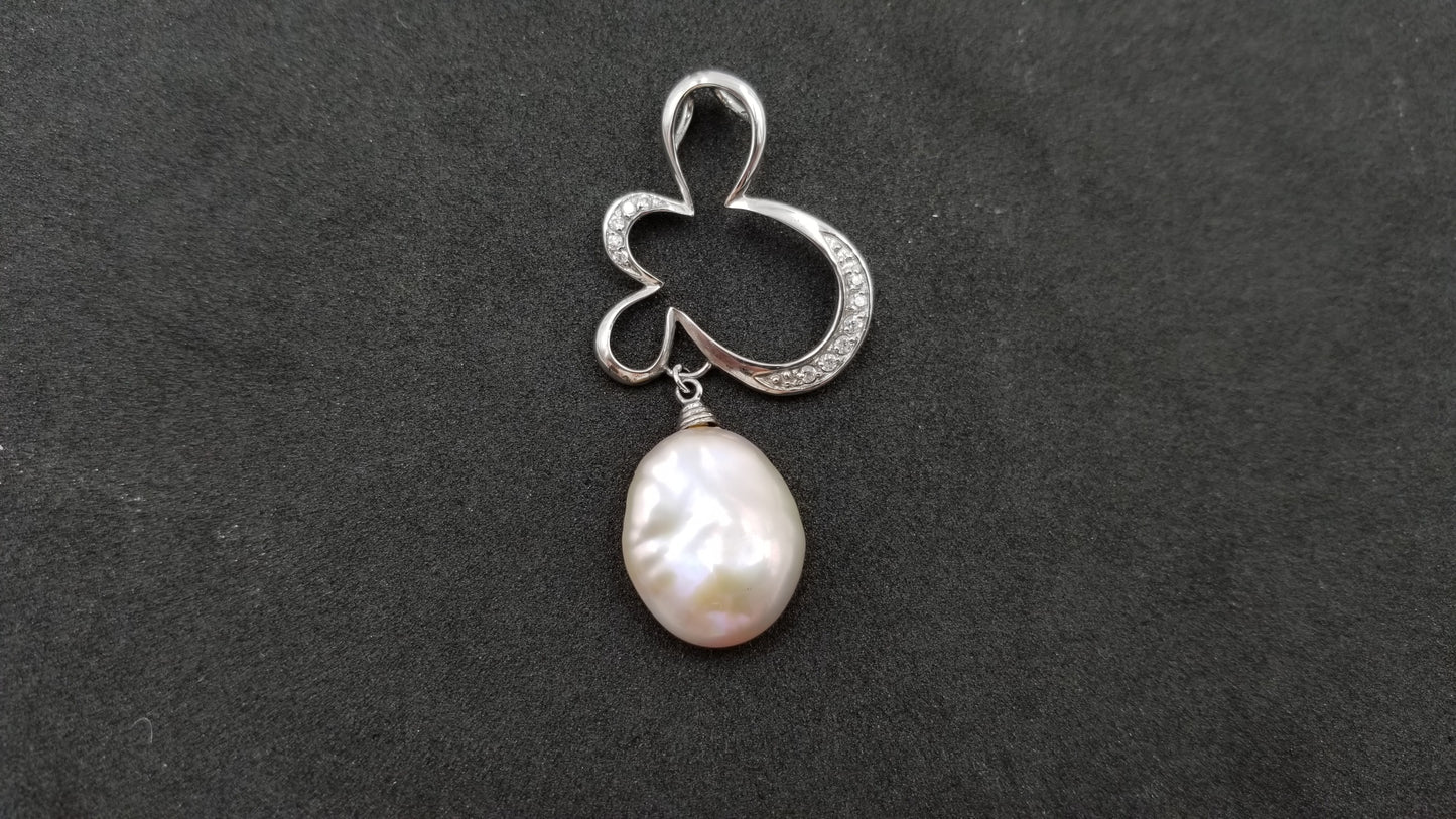 FRESHWATER CULTURE KESHI PEACH COLOR PEARL W/ CZ STERLING SILVER FANCY SLIDE PENDANT