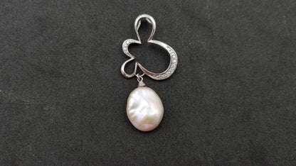 FRESHWATER CULTURE KESHI PEACH COLOR PEARL W/ CZ STERLING SILVER FANCY SLIDE PENDANT