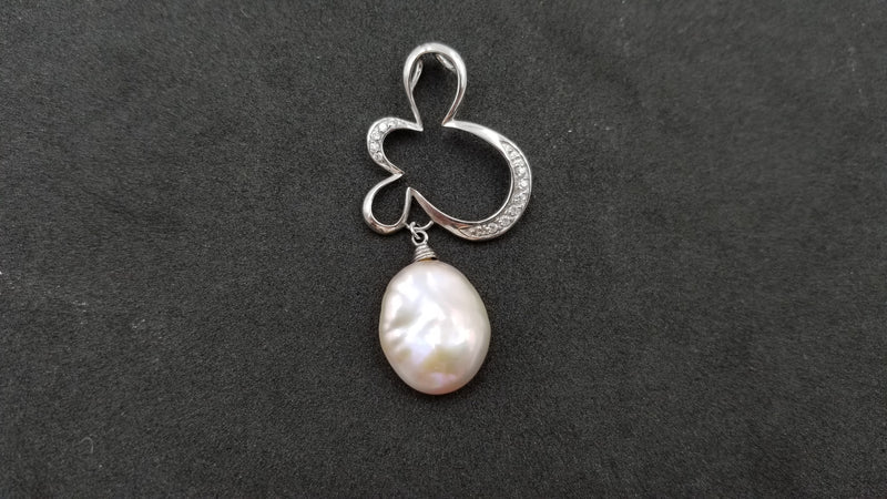 FRESHWATER CULTURE KESHI PEACH COLOR PEARL W/ CZ STERLING SILVER FANCY SLIDE PENDANT