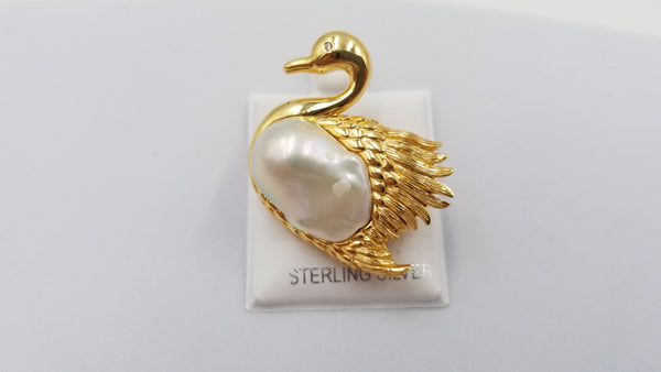 FRESHWATER CULTURE BAROQUE PEARL WITH CZ STERLING SILVER ( GOLD PLATED) SWAN PIN/PENDANT