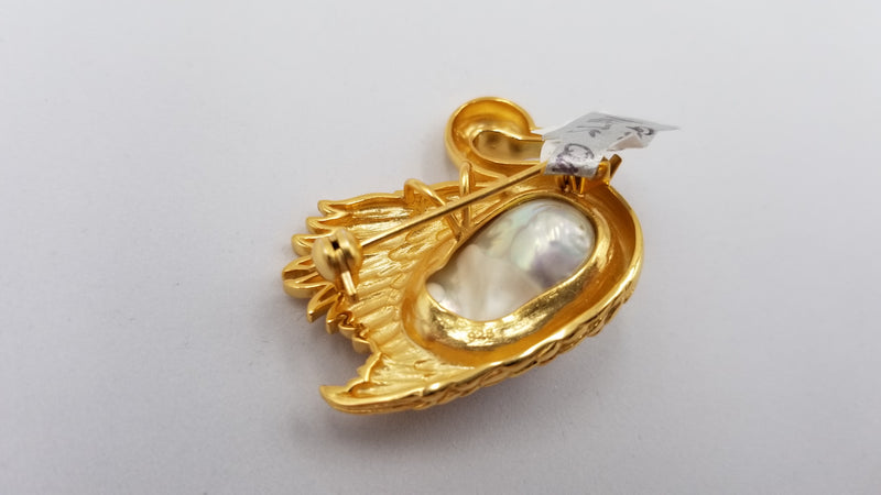 FRESHWATER CULTURE BAROQUE PEARL WITH CZ STERLING SILVER ( GOLD PLATED) SWAN PIN/PENDANT