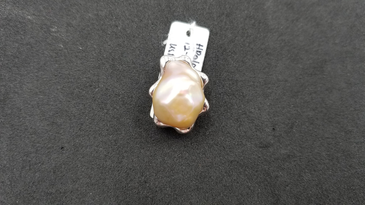 FRESHWATER PEACH COLOR BAROQUE PEARL STERLING SILVER SLIDE PENDANT
