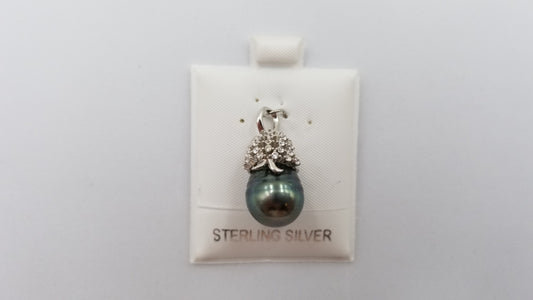 TAHITIAN BLACK BAROQUE PEARL WITH CZ STERLING SILVER SLIDE PENDANT