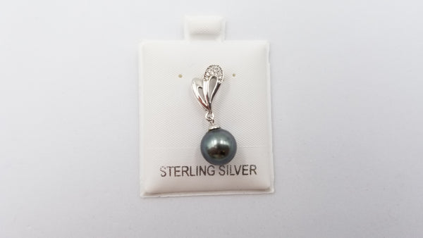 TAHITIAN BLACK PEARL ( ROUND ) WITH CZ STERLING SILVER SLIDE PENDANT