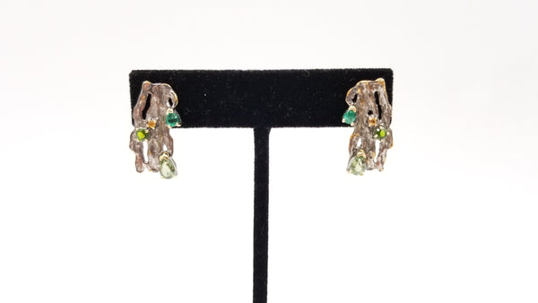 EMERALD / GREEN SAPPHIRE / GREEN CHROME STERLING SILVER TWO TONE (BLACK RODIUM FINISHED ) EARRING