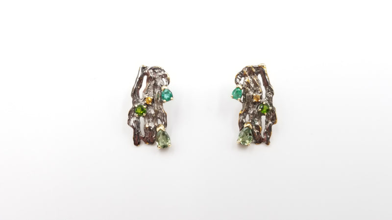 EMERALD / GREEN SAPPHIRE / GREEN CHROME STERLING SILVER TWO TONE (BLACK RODIUM FINISHED ) EARRING