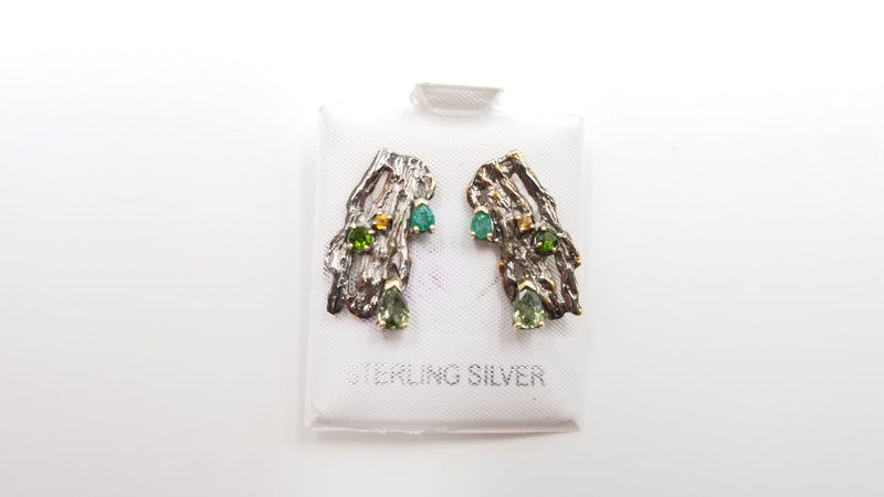 EMERALD / GREEN SAPPHIRE / GREEN CHROME STERLING SILVER TWO TONE (BLACK RODIUM FINISHED ) EARRING