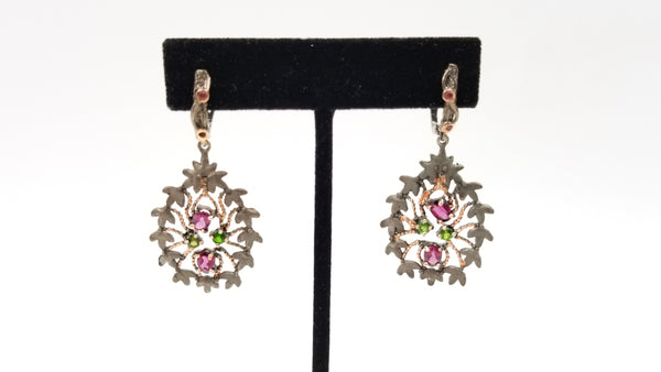 RHODOLITE GARNET / CHROME DIOPSIDE STERLING SILVER TWO TONE ( BLACK RODIUM AND PINK GOLD PLATED ) DANGLE EARRINGS
