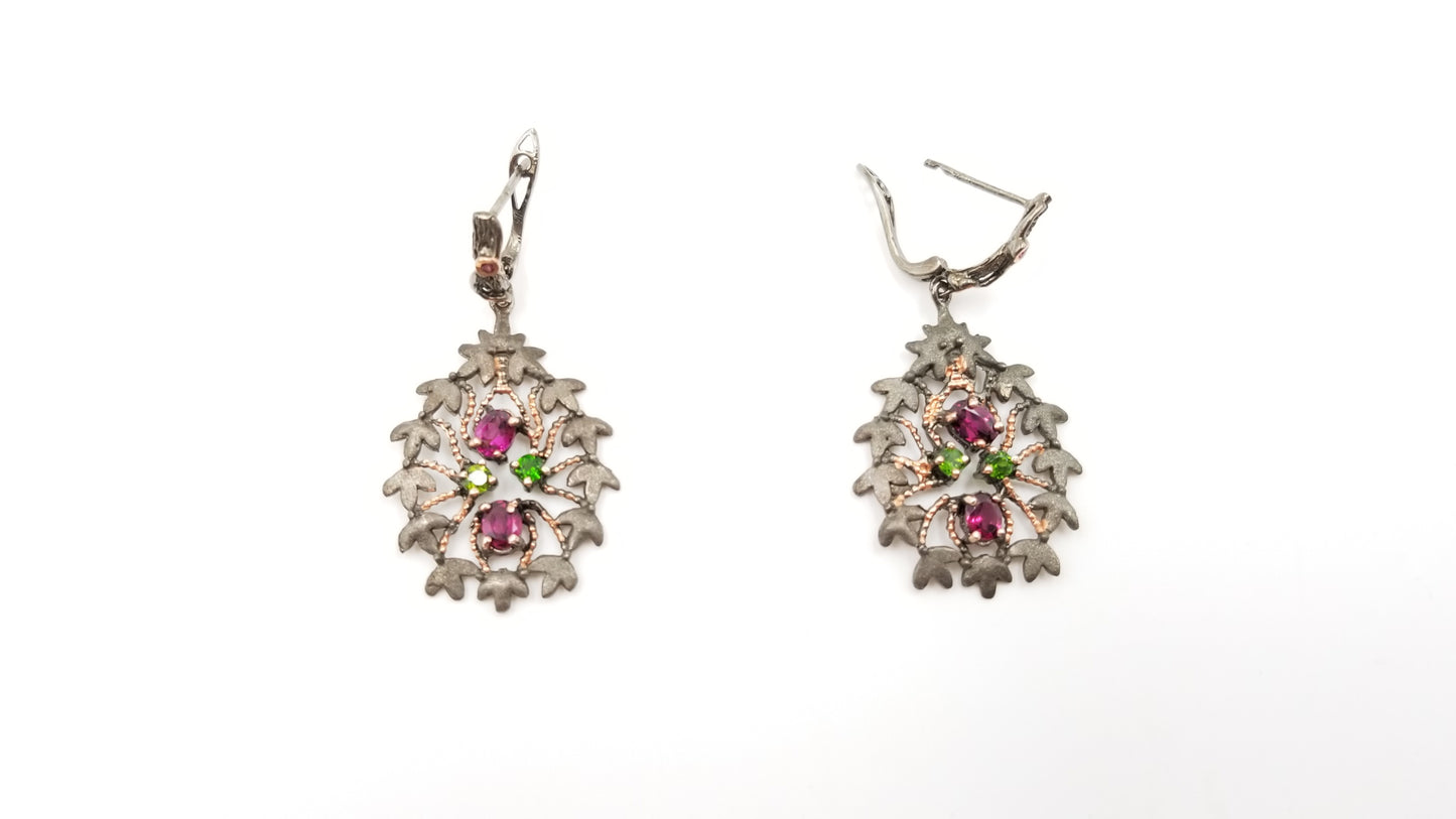 RHODOLITE GARNET / CHROME DIOPSIDE STERLING SILVER TWO TONE ( BLACK RODIUM AND PINK GOLD PLATED ) DANGLE EARRINGS
