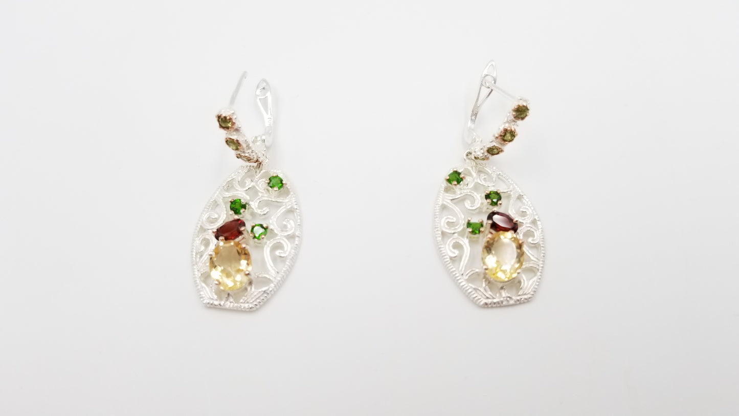 CITRINE / GARNET / GREEN CHROME STERLING SILVER HINGE BACKS DANGLE EARRINGS