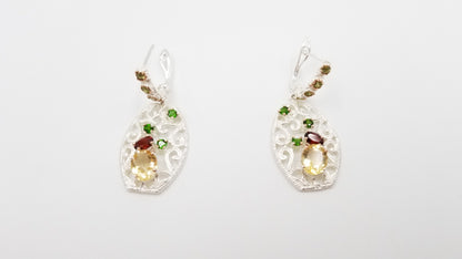 CITRINE / GARNET / GREEN CHROME STERLING SILVER HINGE BACKS DANGLE EARRINGS
