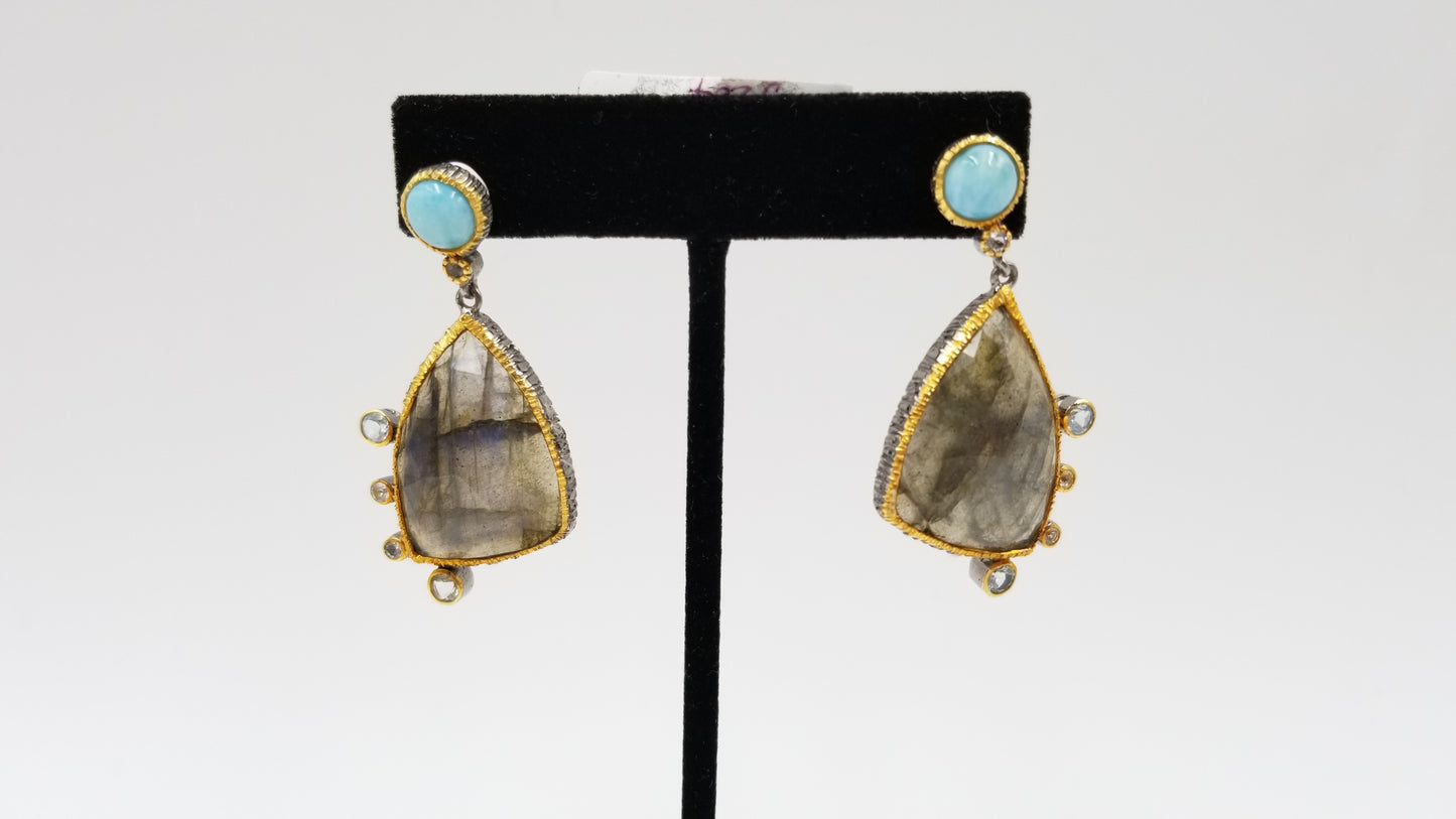 LABRADORITE  / TURQUOISE / BLUE TOPAZ STERLING SILVER TWO TONE DANGLE EARRINGS
