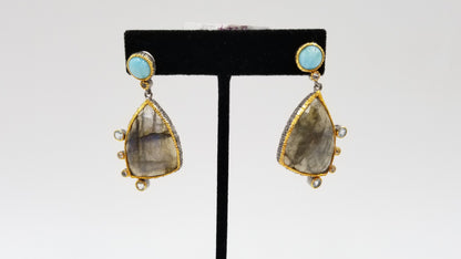 LABRADORITE  / TURQUOISE / BLUE TOPAZ STERLING SILVER TWO TONE DANGLE EARRINGS