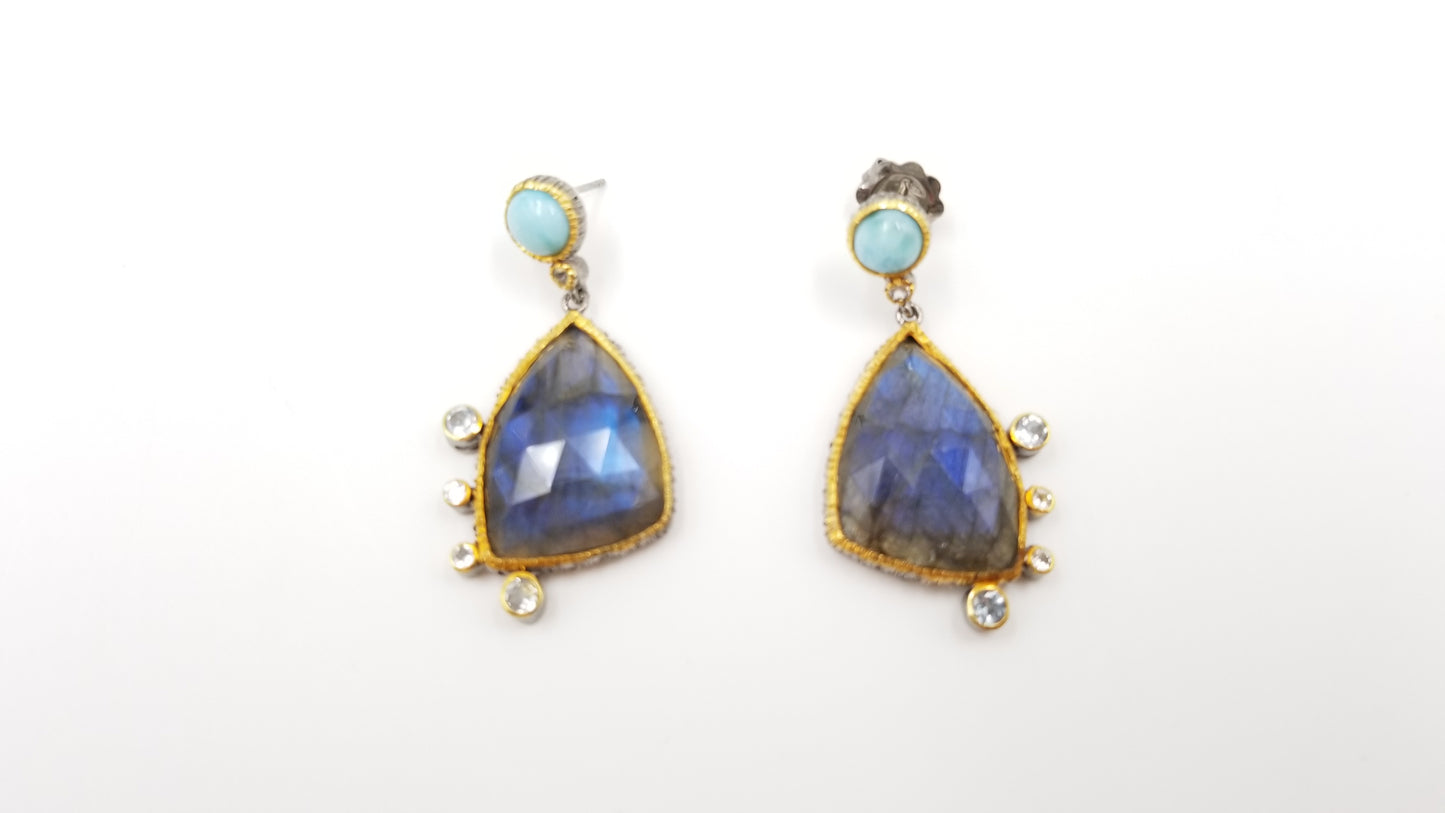 LABRADORITE  / TURQUOISE / BLUE TOPAZ STERLING SILVER TWO TONE DANGLE EARRINGS
