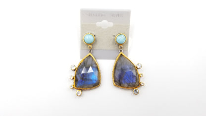 LABRADORITE  / TURQUOISE / BLUE TOPAZ STERLING SILVER TWO TONE DANGLE EARRINGS