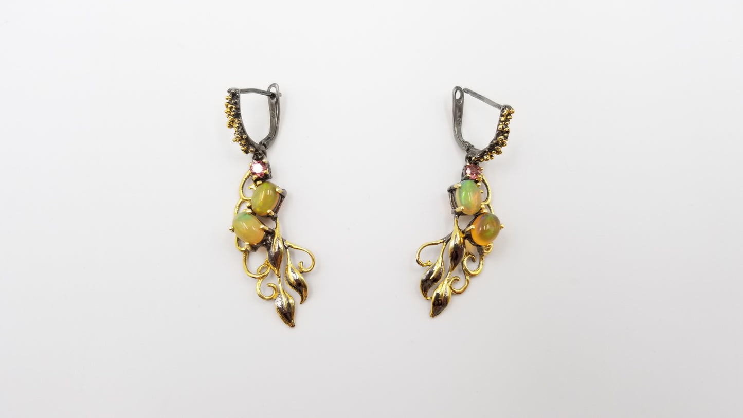 OPAL / RHODOLITE GARNET STERLING SILVER HINGE BACKS TWO TONE DANGLE EARRINGS