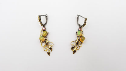 OPAL / RHODOLITE GARNET STERLING SILVER HINGE BACKS TWO TONE DANGLE EARRINGS