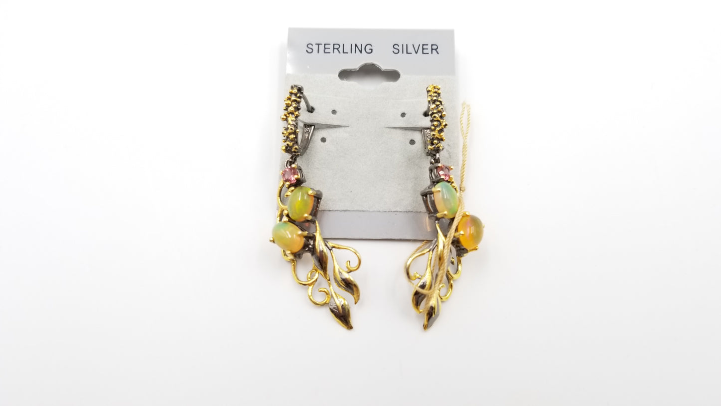 OPAL / RHODOLITE GARNET STERLING SILVER HINGE BACKS TWO TONE DANGLE EARRINGS