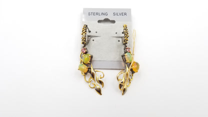 OPAL / RHODOLITE GARNET STERLING SILVER HINGE BACKS TWO TONE DANGLE EARRINGS