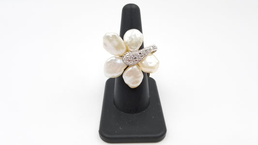 FRESHWATER KESHI PEARLS W/ CZ STERLING SILVER RING