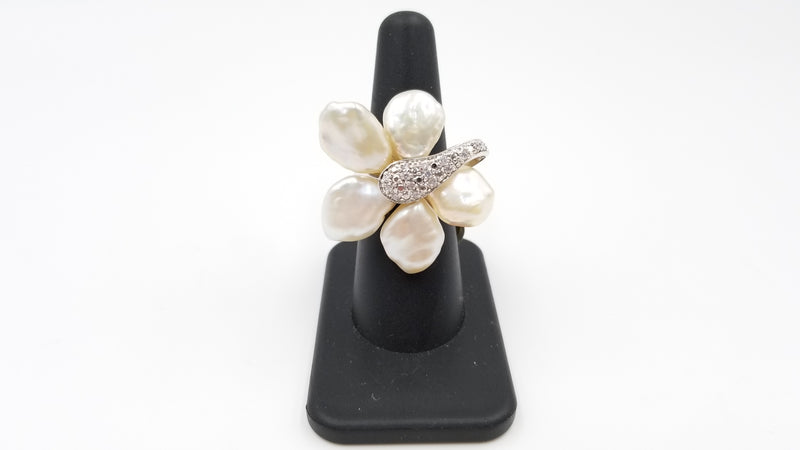 FRESHWATER KESHI PEARLS W/ CZ STERLING SILVER RING