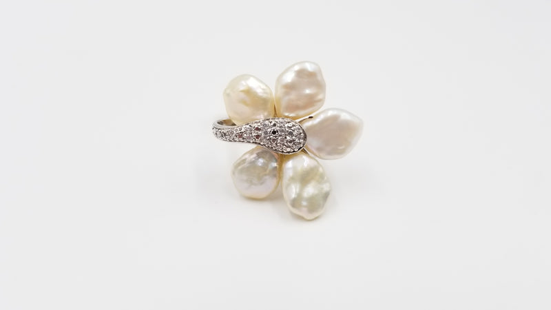 FRESHWATER KESHI PEARLS W/ CZ STERLING SILVER RING