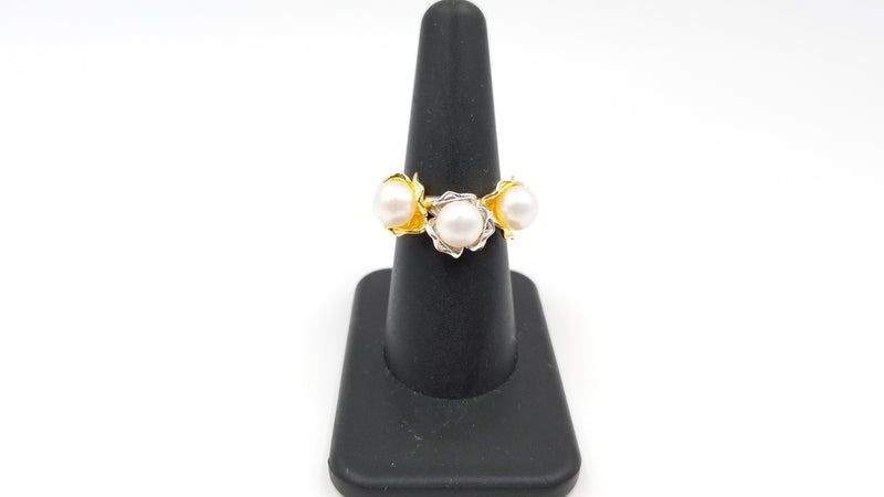 FRESHWATER 3 POTATO PEARLS TWO TONE STERLING SILVER RING