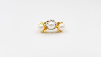 FRESHWATER 3 POTATO PEARLS TWO TONE STERLING SILVER RING