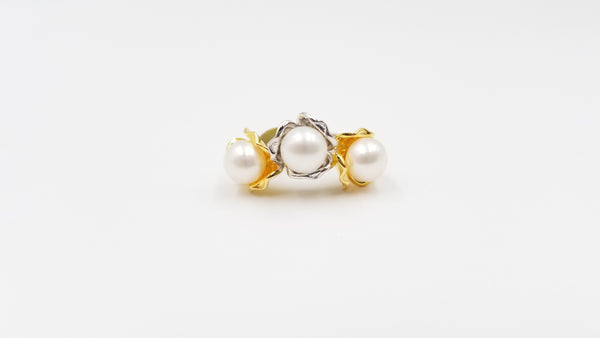 FRESHWATER 3 POTATO PEARLS TWO TONE STERLING SILVER RING