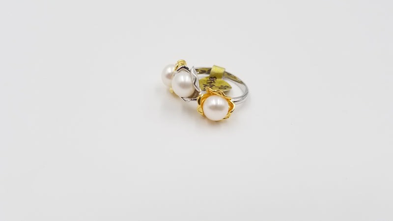 FRESHWATER 3 POTATO PEARLS TWO TONE STERLING SILVER RING