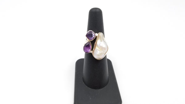 FRESHWATER BAROQUE PEARL W/ AMETHYST STERLING SILVER RING