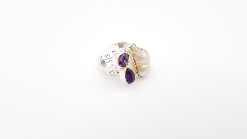 FRESHWATER BAROQUE PEARL W/ AMETHYST STERLING SILVER RING