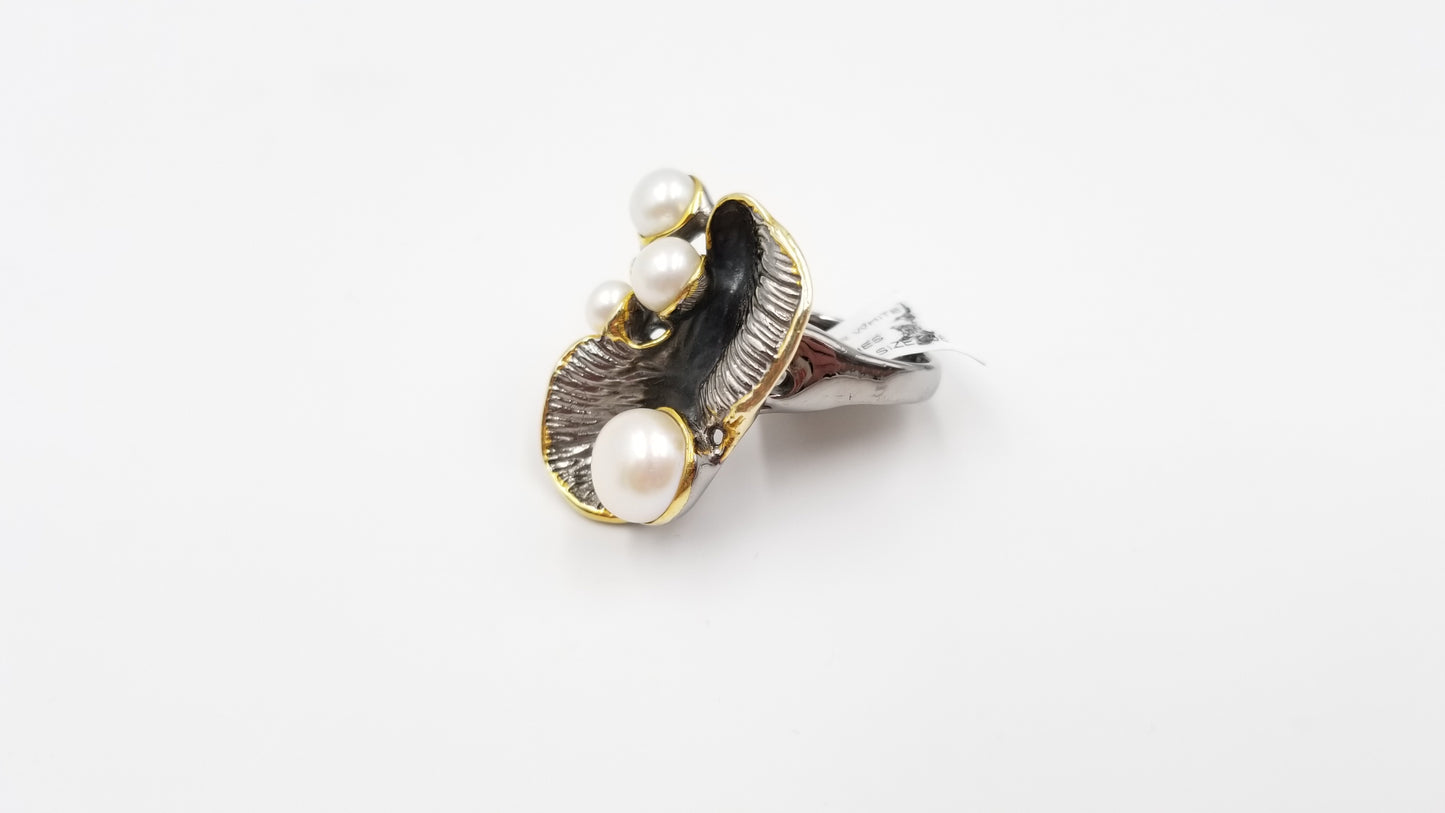 FRESHWATER CULTURE POTATO PEARL STERLING SILVER TWO TONE RING