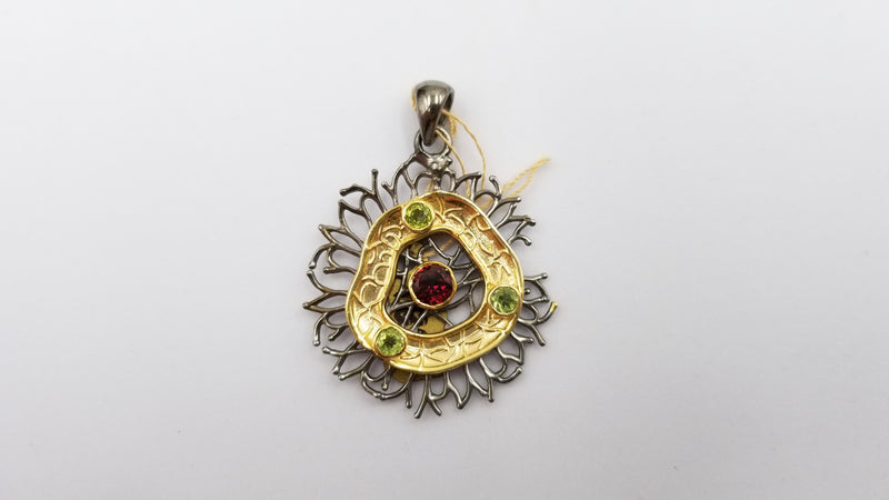 GARNET / PERIDOT TWO TONE STERLING SILVER PENDANT