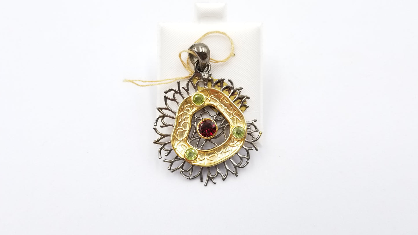 GARNET / PERIDOT TWO TONE STERLING SILVER PENDANT