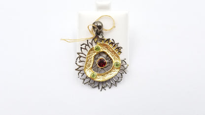 GARNET / PERIDOT TWO TONE STERLING SILVER PENDANT