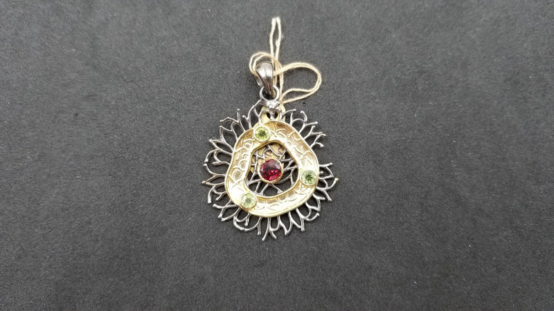 GARNET / PERIDOT TWO TONE STERLING SILVER PENDANT