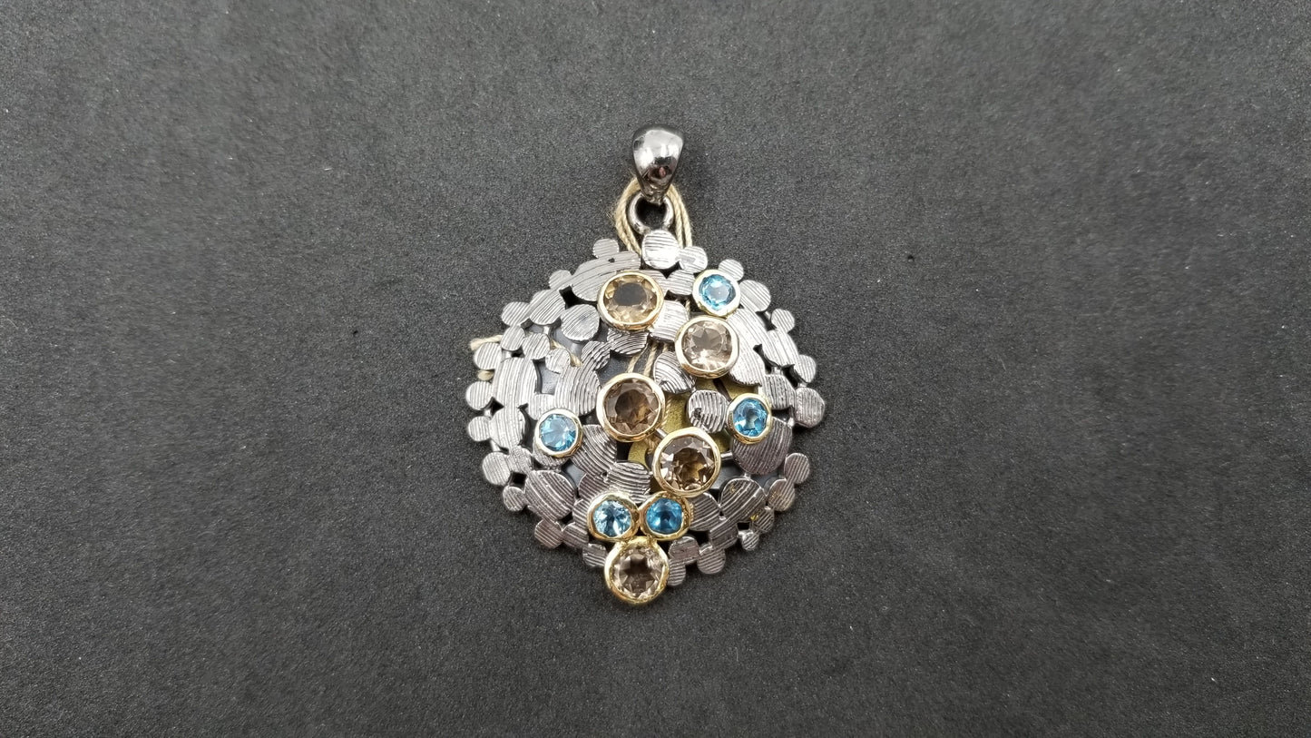 BLUE TOPAZ / CITRINE / RHODOLITE GARNET TWO TONE STERLING SILVER PENDANT