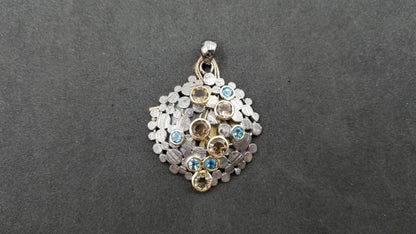 BLUE TOPAZ / CITRINE / RHODOLITE GARNET TWO TONE STERLING SILVER PENDANT