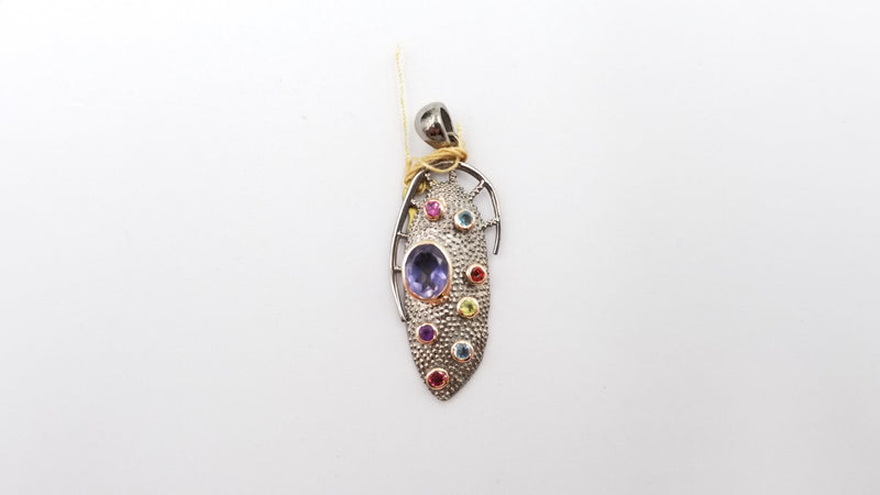 IOLITE WITH MULTI COLOR STONE TWO TONE ( BLACK RHODIUM ,GOLD PLATED ) STERLING SILVER PENDANT