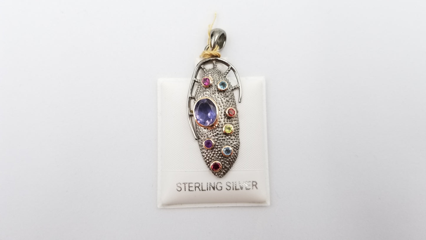 IOLITE WITH MULTI COLOR STONE TWO TONE ( BLACK RHODIUM ,GOLD PLATED ) STERLING SILVER PENDANT