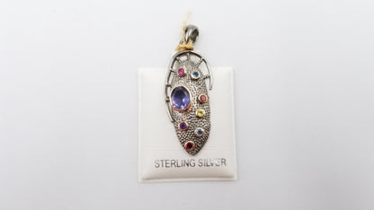 IOLITE WITH MULTI COLOR STONE TWO TONE ( BLACK RHODIUM ,GOLD PLATED ) STERLING SILVER PENDANT