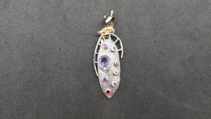 IOLITE WITH MULTI COLOR STONE TWO TONE ( BLACK RHODIUM ,GOLD PLATED ) STERLING SILVER PENDANT